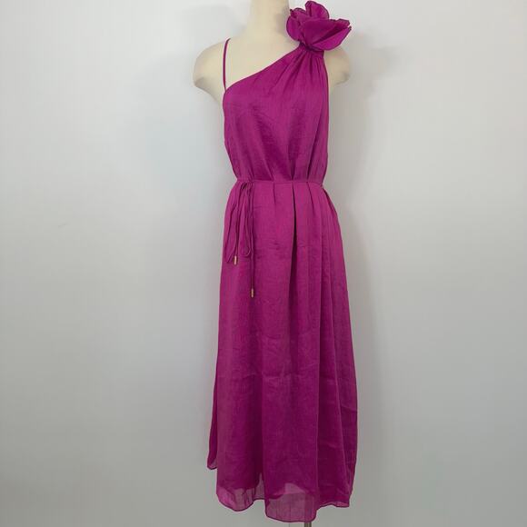 AJE Quintessa Flower Midi Dress in Deep Magenta Linen Silk Blend US 12 NWT - Picture 3 of 15